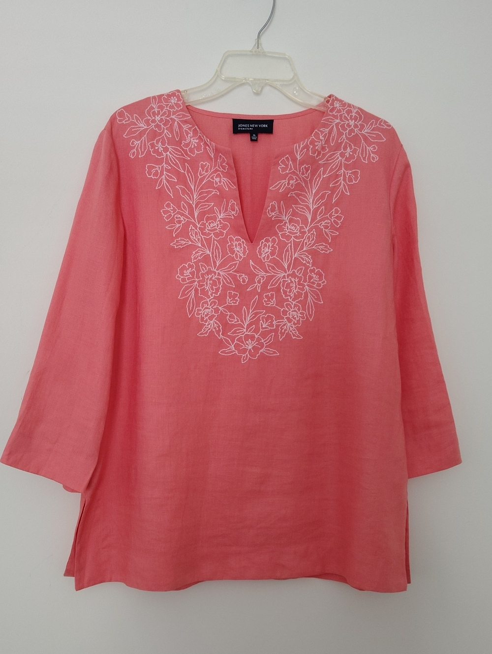Jones New York Coral Pink Floral-Embroidered V-Neck Tunic